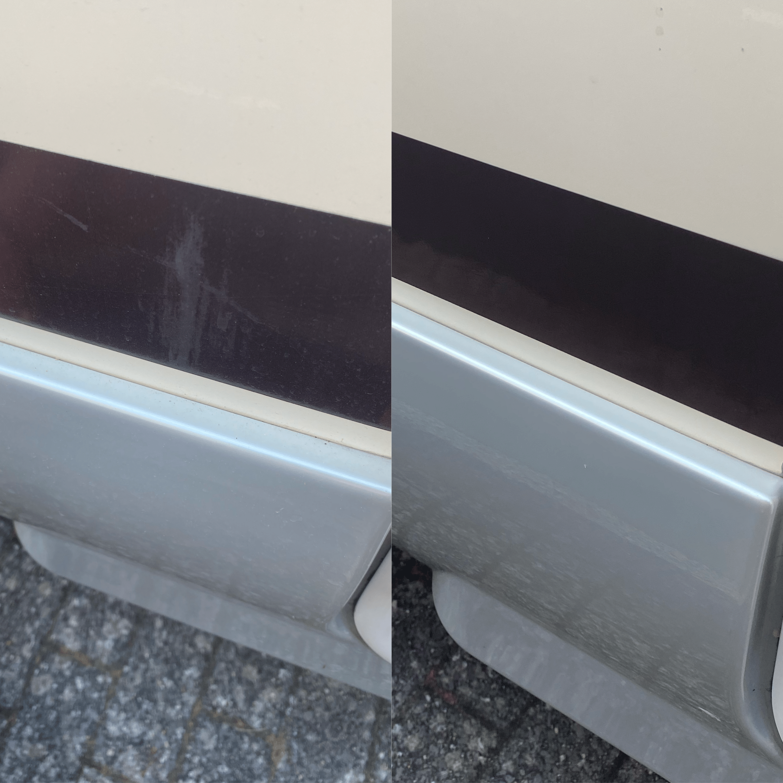 Linkse kant is behandeld, rechtste kant van witte lijn is onbehandeld.